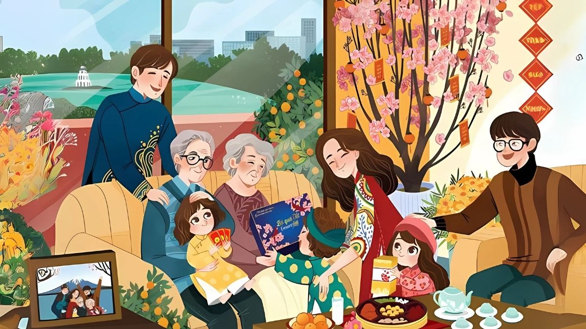 Hình ảnh gia đình đoàn tụ mang lại cảm giác ấm áp cho background Tết