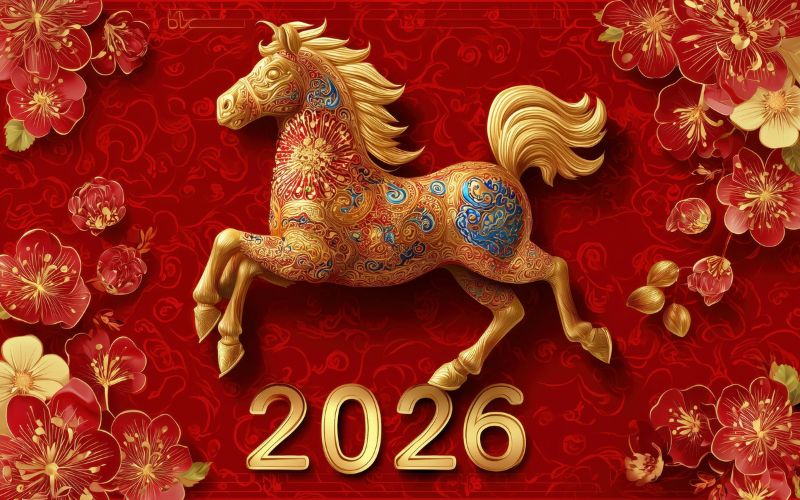 Background Ngựa Bính Ngọ 2026 với hình ảnh mã đáo thành công hoặc ngựa chibi nổi bật, hợp xu hướng Tết