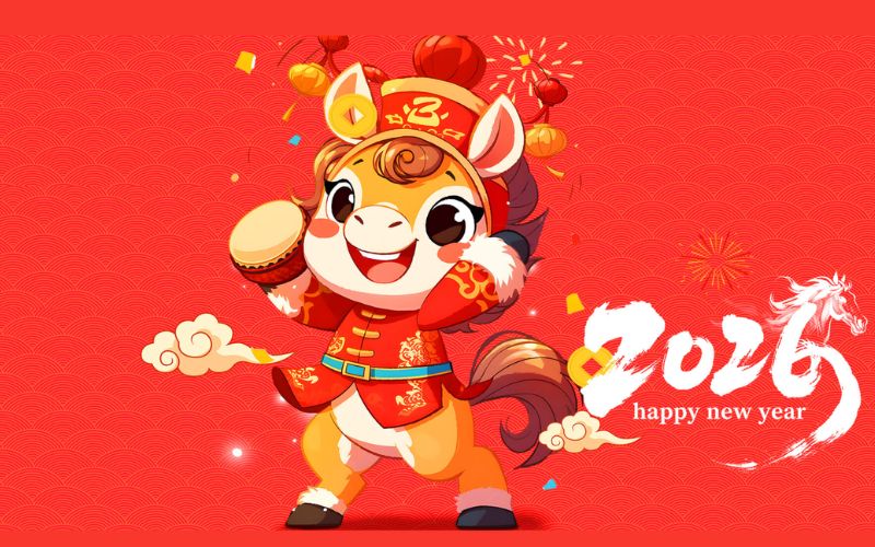 Background Ngựa Bính Ngọ 2026 với hình ảnh mã đáo thành công hoặc ngựa chibi nổi bật, hợp xu hướng Tết