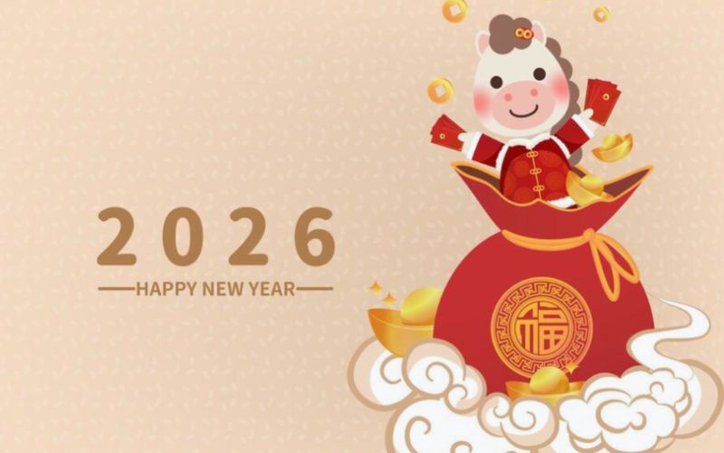 Background Ngựa Bính Ngọ 2026 với hình ảnh mã đáo thành công hoặc ngựa chibi nổi bật, hợp xu hướng Tết