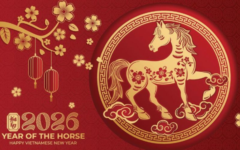 Background Ngựa Bính Ngọ 2026 với hình ảnh mã đáo thành công hoặc ngựa chibi nổi bật, hợp xu hướng Tết