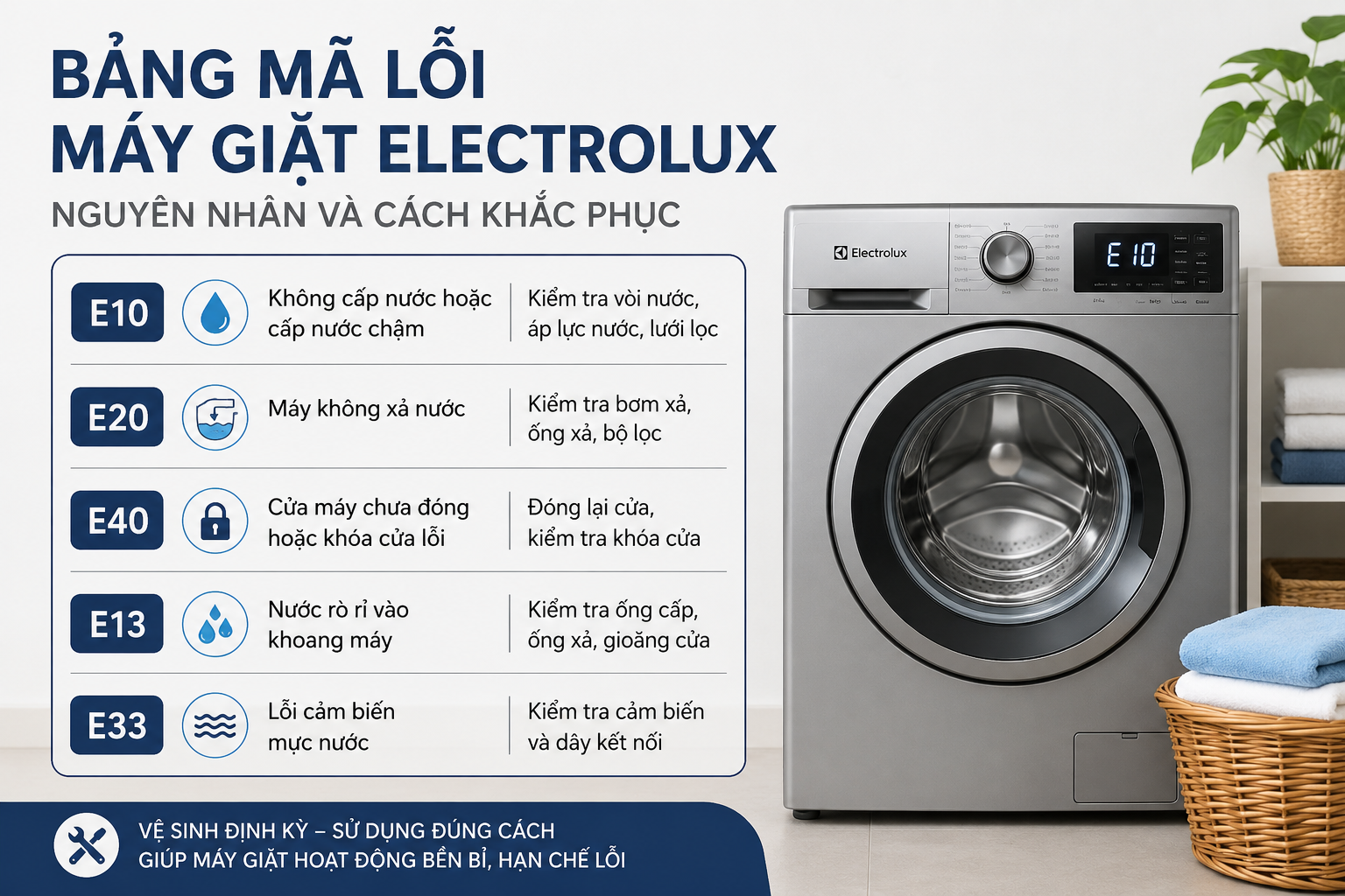 Bảng mã lỗi máy giặt Electrolux và cách khắc phục
