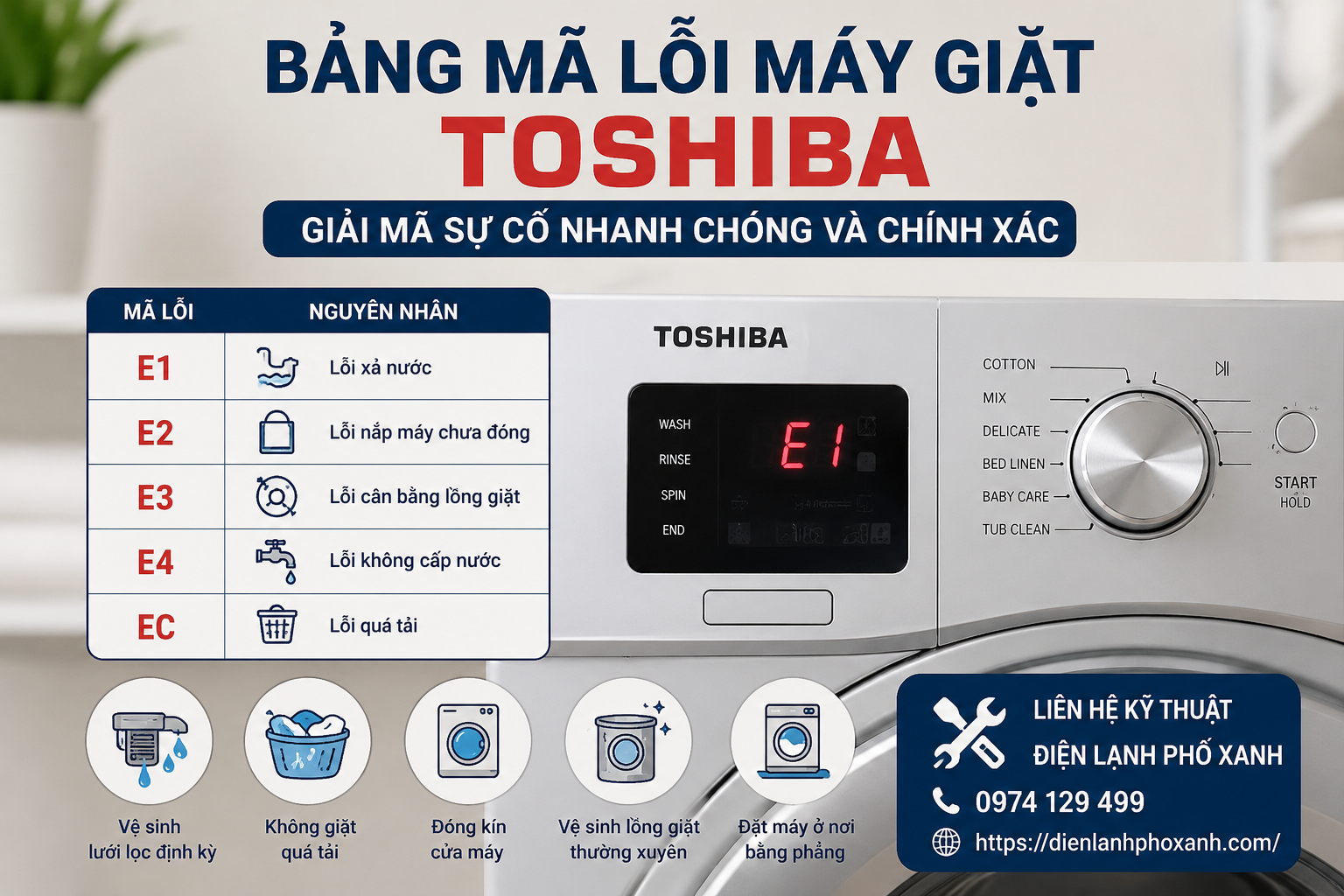 Bảng mã lỗi máy giặt Toshiba và cách xử lý nhanh