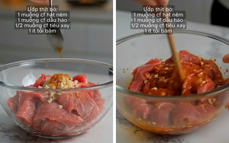 Ướp thịt trước giúp bò đậm vị và mềm ngon hơn.