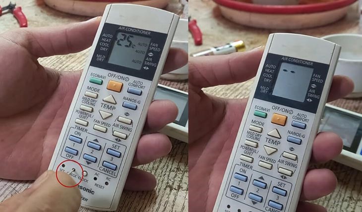 Bạn tìm và sử dụng que chọc sim để nhấn nút reset trên remote điều hòa Panasonic 