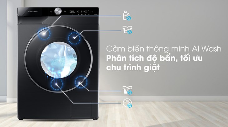 Máy giặt Samsung Inverter 10 kg WW10TP44DSB/SV phân tích độ bẩn, tối ưu chu trình giặt với công nghệ giặt thông minh AI Wash