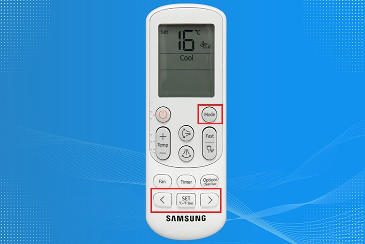 Khi điều hòa khởi động, nhấn chọn nút Mode, sau đó nhấn mũi tên <,> và chọn nút SET&nbsp;