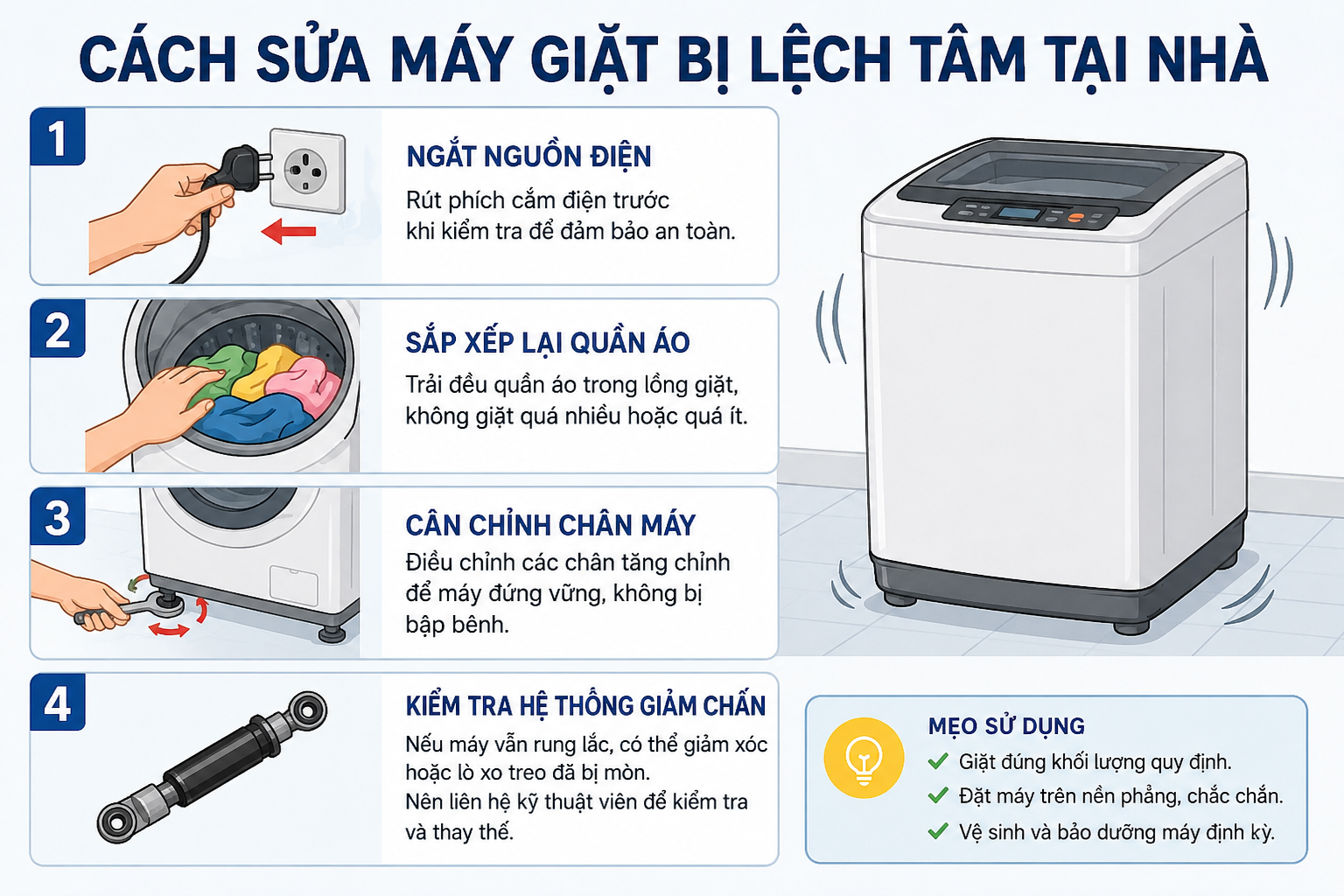 Cách sửa máy giặt bị lệch tâm hiệu quả và an toàn tại nhà