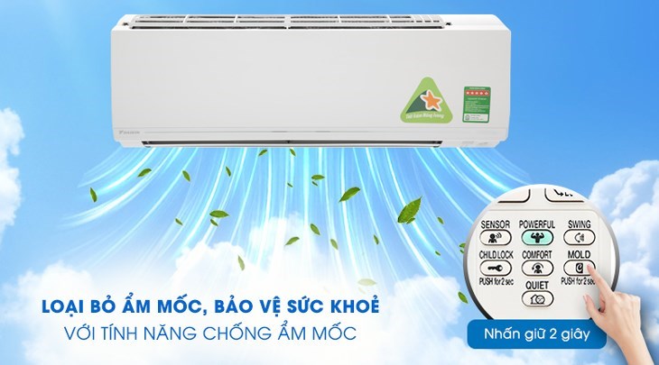 Bạn chỉ cần nhấn nút MOLD/MOLD PROOF trên điều khiển máy lạnh, sau đó giữ khoảng 2 giây là có thể bật/tắt