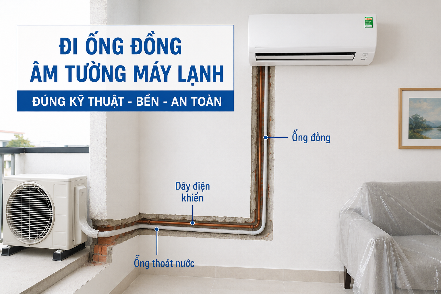 Đi ống đồng âm tường máy lạnh đúng kỹ thuật
