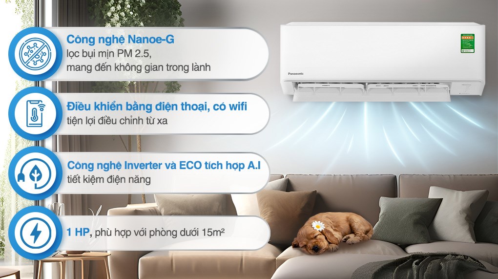 Panasonic Inverter 1 HP CU/CS-PU9AKH-8 phù hợp với phòng dưới 15m²
