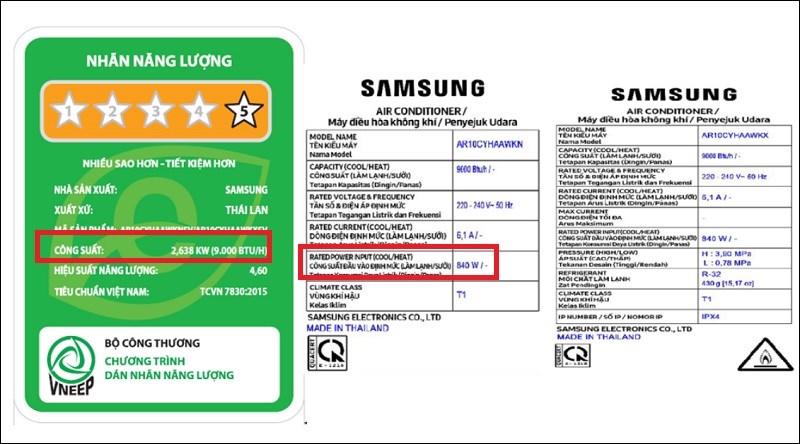 Thông tin công suất tối đa trên máy lạnh Samsung Inverter 1 HP AR10CYHAAWKNSV