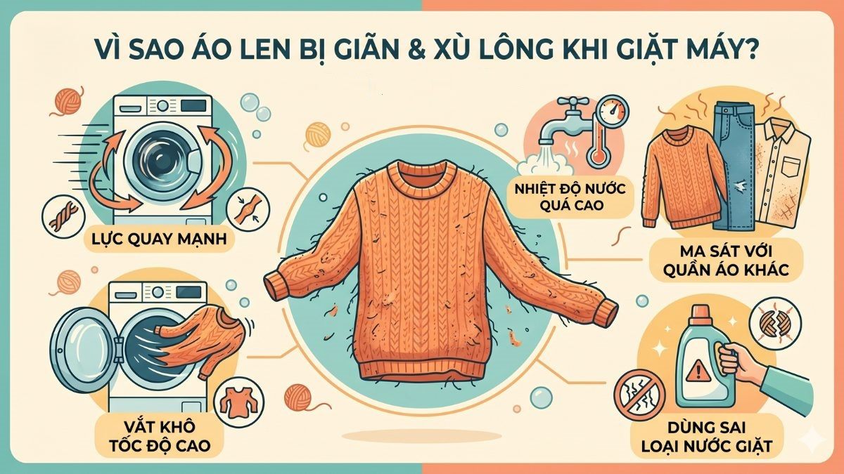 Vì sao áo len dễ bị giãn, xù lông khi giặt bằng máy giặt?