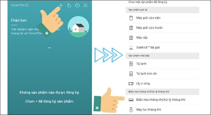 Để đăng ký máy lạnh LG đang sử dụng, bạn nhấn vào dấu + và chọn Điều hòa không khí/Xử lý không khí