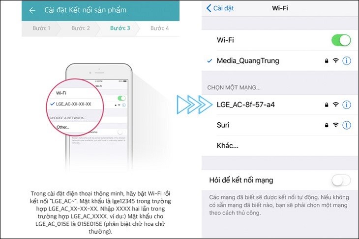 Kết nối điện thoại với wifi do máy lạnh phát ra, có tên bắt đầu là LGE