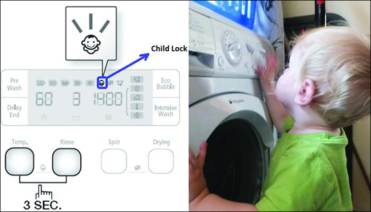 Tắt chế độ khóa trẻ em CL trên máy giặt LG bằng cách nhấn tổ hợp nút và đợi khoảng 5 giây