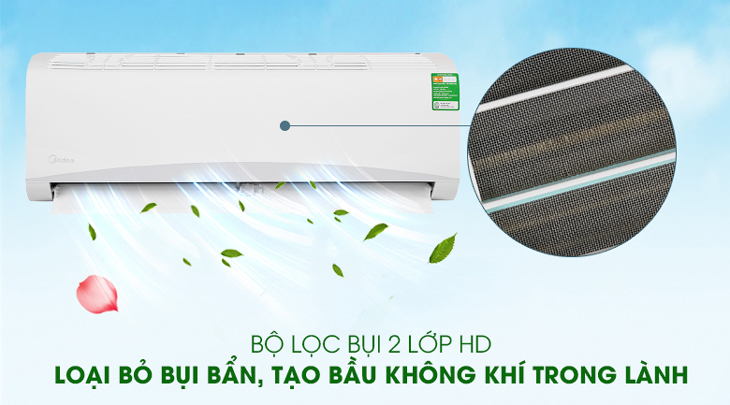 Máy lạnh Midea 1 HP MSAFA-10CRN8 được trang bị công nghệ bộ lọc bụi 2 lớp HD giúp loại bỏ tác nhân gây dị ứng, mang lại bầu không khí trong lành
