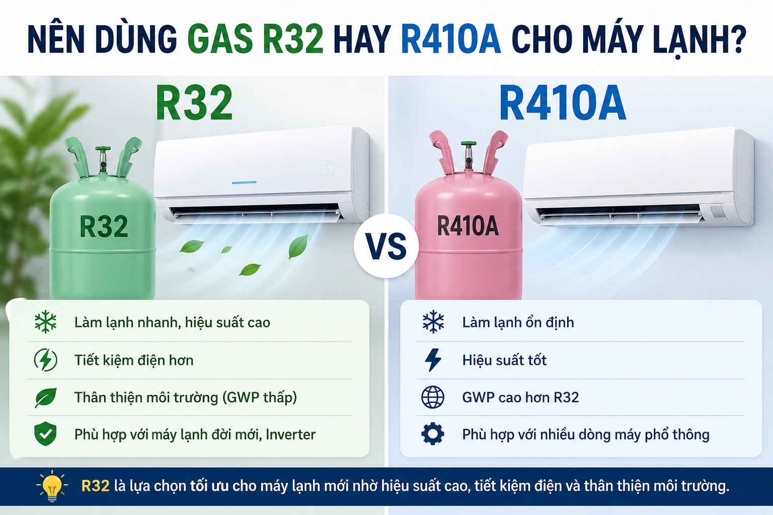 Nên dùng Gas R32 hay R410A cho máy lạnh?
