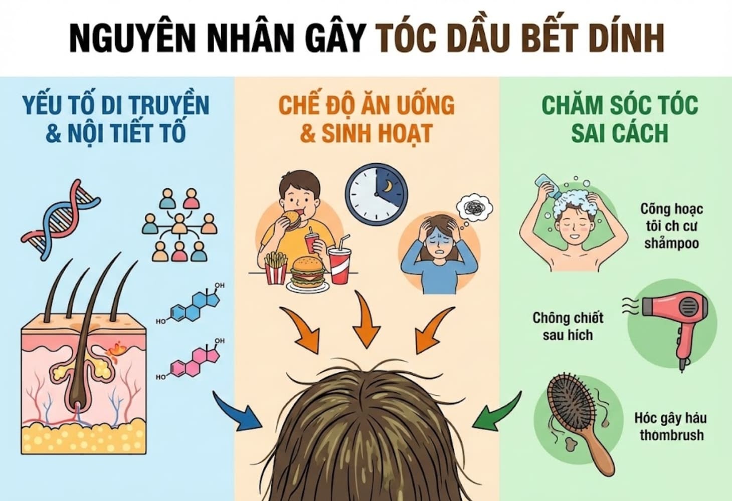 Tóc bết dính có thể cho yếu tố di truyền, chăm sóc tóc sai cách hay ngủ nghỉ không đúng giờ giấc gây nên