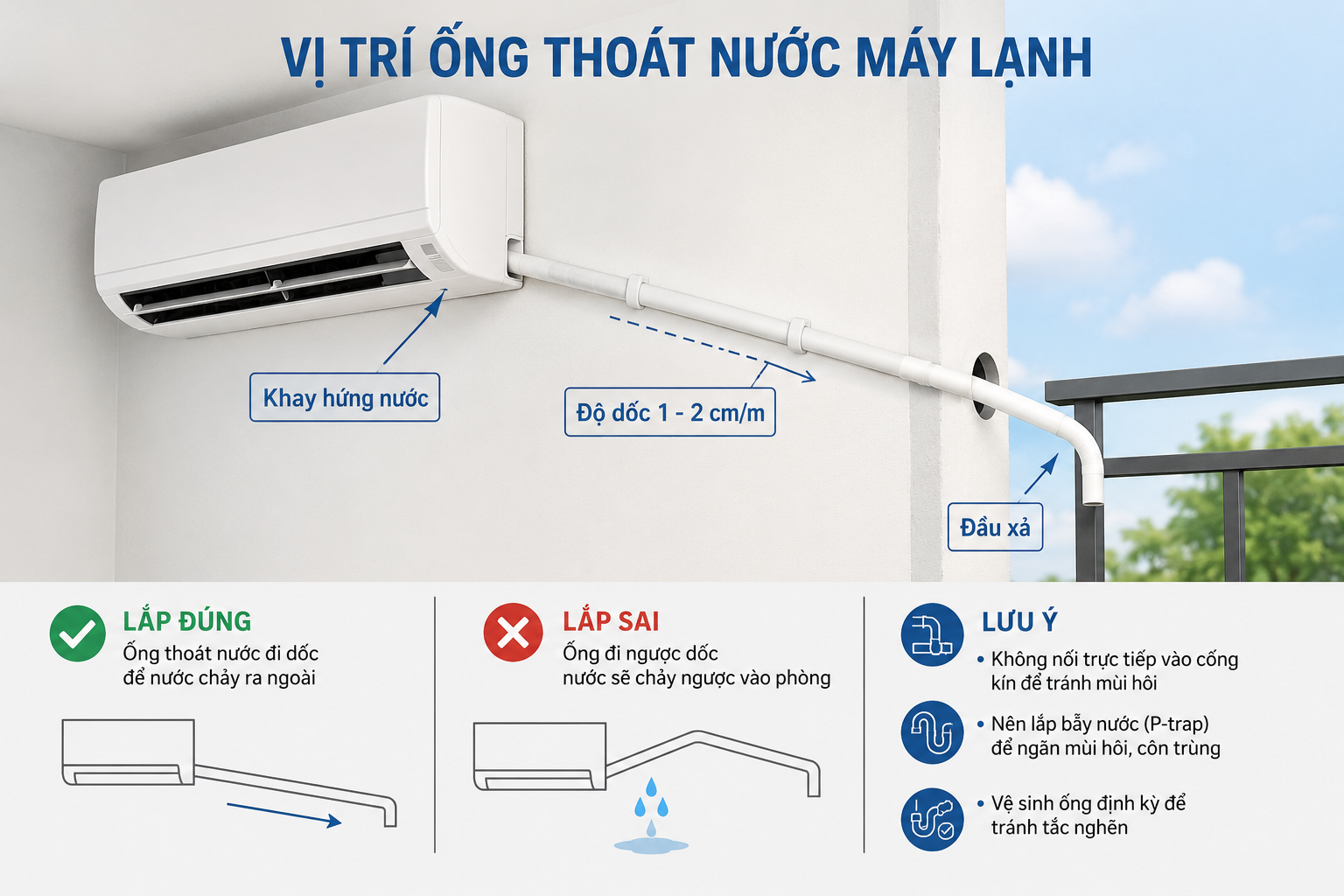Vị trí ống thoát nước máy lạnh chuẩn kỹ thuật